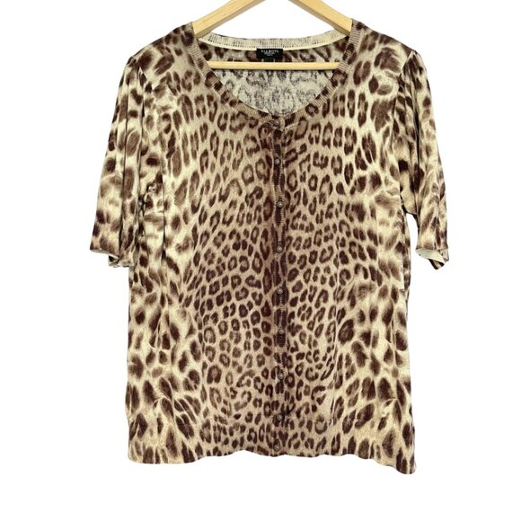 Talbots Leopard Print Top Womens Size 1X Brown Knit Elbow Puff Sleeve Button Up - Picture 1 of 11